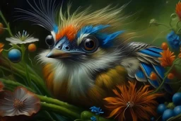 close up of a Fantasy miniscule bird, the bird has googly eyes, and fantasy flowers and trees professional award-winning masterpiece rich colored airbrush oil painting on canvas Atmospheric extremely detailed Floyd Cooper