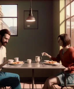 Realistic scene, man and woman sitting in cafeteria and having breakfast levitating, Wes Anderson, soft color, highly detailed, unreal engine 5, ray tracing, RTX, lumen lighting, ultra detail, volumetric lighting, 3d, finely drawn, high definition, high resolution.