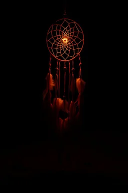 a dreamcatcher made of light, natural red tones, brown dirt ground long bottom, dark background