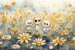 cute chibi anime smiling faced daisy flowers playing football in sunshine, styles of Paul Klee Dee Nickerson and Tim Burton, melting watercolor and black ink outlines on wet paper, soft, shading strokes, in sunshine, ethereal, cinematic postprocessing, bokeh, dof