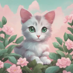 A delightful and adorable cartoon illustration featuring a cute mint-colored cat against a charming pink background, (delightful illustration:1.4), (adorable cartoon cat:1.5), (charming pink background:1.3), (expressive mint hues:1.2), inspired by the styles of cute cartoon artists, trending on ArtStation, Intricate, Sharp focus, vibrant lighting, (whimsical:1.4), (playful ambiance:1.3), (lush fur details:1.5), Cartoon, Masterful, Captivating, High Detail, Cinematic view