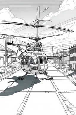Outline art, no shading, helicopter on the road, cartoon style, black and white, low detail, --ar 9:11
