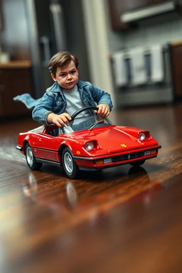 A tiny man, approximately 3 inches tall, is intensely driving a vintage, deep-red die-cast toy sports car (e.g., a miniature Ferrari Testarossa) across a highly polished dark wood kitchen floor. The man is gripping the miniature steering wheel, his expression one of focused determination and slight panic. He is wearing casual fashion: slightly distressed dark-wash jeans, a white crew-neck t-shirt, and a light-wash denim jacket that is flapping dramatically in the speed-induced wind. The tiny car