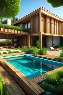 Generate a big backyard around a house made out of wood. The backyard needs to be of about 250 squared meters. With vegetation, wood and a pool