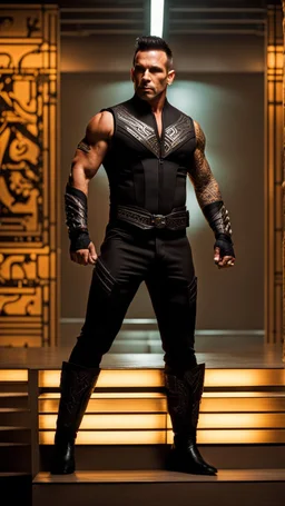 Jason David Frank as a Very muscular alpha male with short hair and tribal tattoos wearing a black designer suit , standing in a doorway