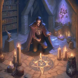 A warlock in his vaulted dungeon, a Pentagram and candles on the floor