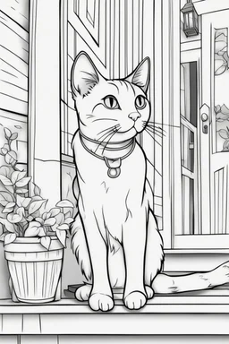 coloring page, cat on the porch, cartoon style, thick lines, low detail, no shading