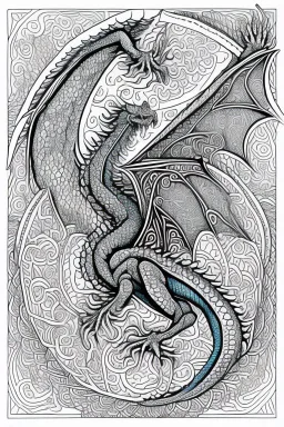 coloring book page of a flying dragon, mandalas