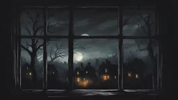 (Masterpiece) View from window, little villagem in start of night, dark horror art style, extreme quality