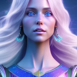 A portrait of a full body crystalised blue pink queen,smiling face, blue eyes, long blond hair, atmospheric, realistic, unreal engine, lighting