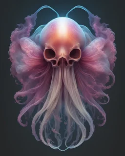 T-shirt format,jellyfish phoenix head, nautilus, orchid, skull, betta fish, bio luminiscent creatures, octane render, very coherent symmetrical artwork. cinematic, hyper realism, high detail, octane render, 8k, cursed photo editon, concept art, cursed photo portrait