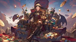 Pirate Queen sitting on a pile of treasure