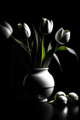 black tulips in a white vase that bleeds s cinematic dramatic hd hig hlights detailled real wide and depth atmosphere