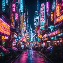 Blurred Long Exposure Time lapse photograph of Neon signs lighting up a busy futuristic Japanese city at night, deep neon colors, fantastical, intricate detail, splash screen, fantasy concept art, 8k resolution trending on Midjourney, Unreal Engine 5, artistic