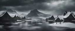 Photoreal menacing landscape photo of a medieval polar village with a demonic presence and dark ice lake and darker clouds gathering, forgotten realms fantasy style by lee jeffries, otherworldly creature, in the style of fantasy movies, photorealistic, shot on Hasselblad h6d-400c, zeiss prime lens, bokeh like f/0.8, tilt-shift lens 8k, high detail, smooth render, unreal engine 5, cinema 4d, HDR, dust effect, vivid colors