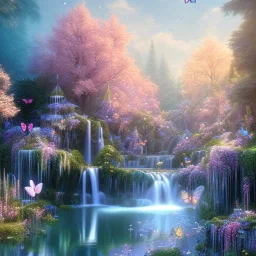 cascata, LAGO BLU, fate, farfalle, SWANN, fiori, alberi in fiore, cielo rosa blu, pieno di dettagli, sole liscio e luminoso ， atmosfera di luce soffusa, effetto luce ， vaporwave colorato, concept art, dettaglio liscio ed estremamente nitido, dettagli finemente sintonizzati, altissima definizione, 8 k, motore irreale 5, messa a fuoco ultra nitida