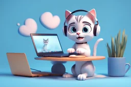 funny cute cat in headphones sitting at the desk in front of laptop with paws on keyboard disney style 3d light blue background