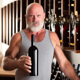 burly ugly 58 year old man bald with short beard and tank top manly chest chooses a bottle of wine in a cellar full of wine bottles dramatic light angry eyes highly detailed