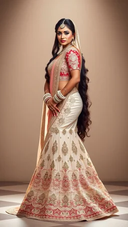 A stunningly elegant Indian bride, with a tall, slim, and athletic figure, adorned in intricate bridal makeup, complete with extremely long hair cascading down her back. She stands in a dynamic pose, showcasing a designer bridal lehenga. This captivating portrait captures the bride's radiant beauty and grace, highlighting every exquisite detail in high quality.