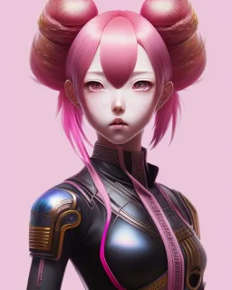 Detailed cute anime Kunoichi girl, pink hair buns, pink bangs, black latex bodysuit, intricate details, full body portrait, keep head in frame, slight smile, black Japanese motif, concept art, highly detailed, digital painting, concept art, sharp focus, illustration, art by Yoji Shinkawa, WLOP and greg rutkowski and alphonse mucha and artgerm and yanjun Chen and Junji ito and Makoto Shinkai, HDR, octane render