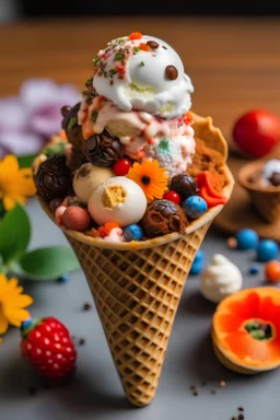 A picture of a vegan ice cream cone with a variety of toppings.