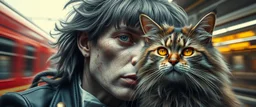 high class realism, dented skin, victorian era, cyber punk, A really close up portrait of one person individually mutated with hairy wigs glowing, and a long haired cat that just came out of a violent twister with its long hair twisted, background blur, high speed train