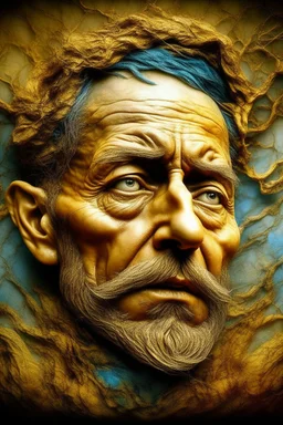 surrealis monochrome A fragmented, surreal sculpture liguid color of photorealistic image 3d,psychedelic art of an old man face glossy emerging from dreamlike a crumbling building. The face appears pale with deep cracks and intricate details, evoking a haunting expression. Blackened tree branches intertwine with the gold mengkilat cracks, set against a backdrop of stormy, cloud-filled skies. bauhaus art The overall tone is dark and moody, suggesting themes of decay and transformation. Include