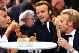 Emanuel Macron and Johny Hallyday are eating chiken with their nose