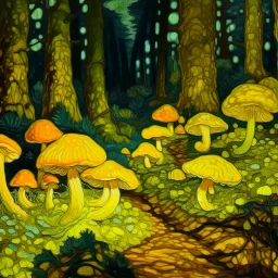 A glowing yellow mushroom forest painted by Vincent van Gogh