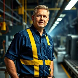 a man on the factory floor with dark blue shirt and yellow stripes who is the real leader in the factory, everybody fears him