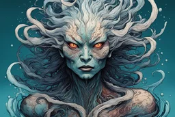 front facing full body illustration of an aged, malevolent shape shifting female Funayurei water spirit with highly detailed facial features and skin textures, in the style of Alex Pardee , Jean Giraud Moebius, and Katsushika Hokusai, highly detailed, boldly inked, deep murky aquatic color