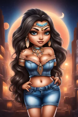 create an airbrush illustration of a chibi cartoon curvy native american female wearing Tight blue jeans and a peach off the shoulder blouse. Prominent make up with long lashes and hazel eyes. She is wearing brown feather earrings. Highly detailed long black shiny wavy hair that's flowing to the side. Background of a night club.