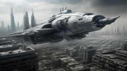 a photorealistic sleek silver spaceship flying over a ruined city