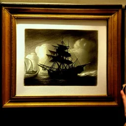 Dibujo de un Tiburón cerca de un barco con estilo de Rembrandt