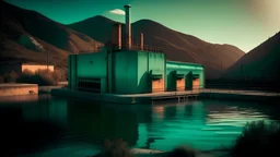 antique analog vintage, river power plant featuring a sleek metal roof, inspection opening visible, set against a backdrop of mountains and a vibrant sunset, mutted teal and terracota color scheme, splitlight effect, profesional photography, hard shadows, high contrast, stained vignette, highly detailed found footage, desaturated faded film, film skratches and dust