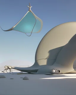 3D representation of architectural wonder, with a concrete design and matte reddish glass that contrasts with the light blue sky, emphasizing organic movement. Its design represents an ant with a bulbous tail and membrane wings with solar panels, its tail is made of concrete and glass. It stands out from pedestrians, creating a sense of scale. In open space, its use is a public place and as a great viewpoint in the mountains Combination of practicality and artistic expression in architecture