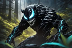 Shadow symbiote in 8k realistic anime drawing style, bear them, neon ice power, ice forest, highly detailed, high details, detailed portrait, masterpiece,ultra detailed, ultra quality