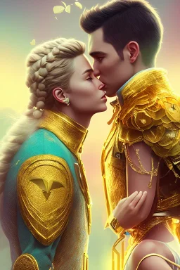 kissing humans, flowers, gold, gems, blonde girl and boy, cinematic, love