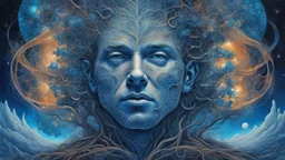 Universe, Galactic space portrait of a man, roots, inspired by architecture, crazy details and double exposure in fantasy art, glitter, blue, fine art, hyper-detailed main society, fine rendering, sharp drawing, vibrant colors