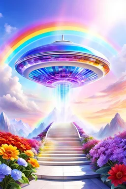 Ufo rainbow, futuriste ultra moderne,stairway to heaven,crystal very beautiful city,flowers garden,angels