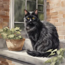 Um gato preto peludo num cesto, Watercolor, trending on artstation, sharp focus, studio photo, intricate details, highly detailed, by greg rutkowski