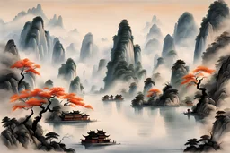 In the style of Chinese cultural characteristics, it depicts awe-inspiring traditional color ink and color landscape paintings, Li River scenery. The focal point of the image should be a mountain shrouded in mist, reflecting the stature and splendor. At the foot of the mountain, a wide river should be seen meandering along it, clear enough to reflect the surrounding landscape. Important elements of the landscape, such as rocks and mountains, should be artfully crafted using ink tones and brushst