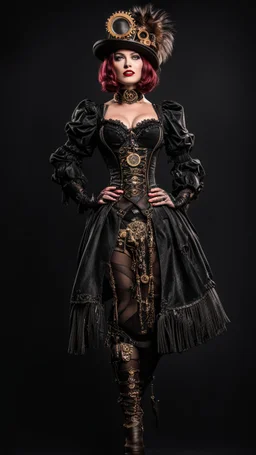 Full Body photo of a steampunk burlesque Woman With A Bob and a Fringe Hairstyle, Black Background