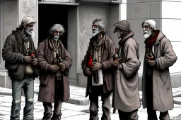 A group mature homeless street cats with worn out clothes, standing in a corner on the street, holding wine bottles in their wings , Vienna, mourning, model style, hyper realistic, extremely accurate, delicate, extremely detailed, Graphic novel style, wide-angle, open aperture, superfine pencil