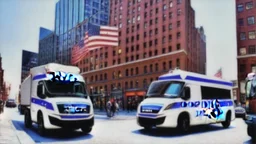 A police Tesla Cybertruck is chasing a Tesla 'Model S Plaid' at top speed, on the South Street Seaport, in New York. CINEMATIC. WIDE ANGLE LENS. PHOTO REAL.