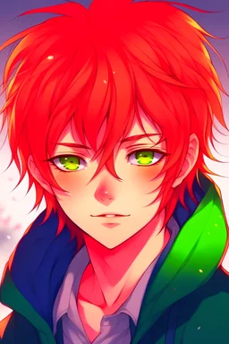 a handsome anime boy red hair with cold demeanor