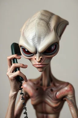 realistic grey alien angrily talking on the phone