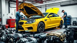 A car repair shop where two people in work clothes are repairing a yellow BMW M6 series with an eye-catching theme in a sophisticated and special repair shop where a collection of car engine parts is arranged on the floor at the bottom of the image.
