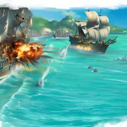 Two pirate ships fight each other at sea. Firing cannons.