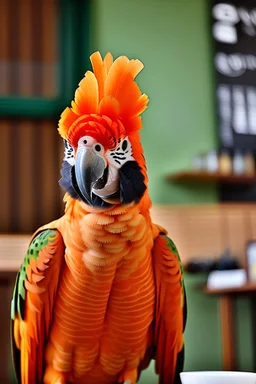 Half parrot half human in a 1700s Orange Dutch uniform in a Dutch cafe